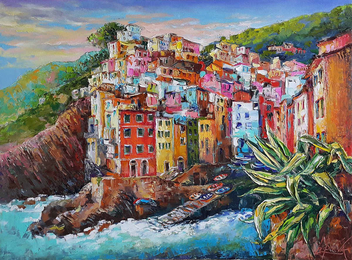 Impressionistic Landscape Oil Painting By Viktoria Lapteva, 31 X 24", Riomaggiore, Original Artwork