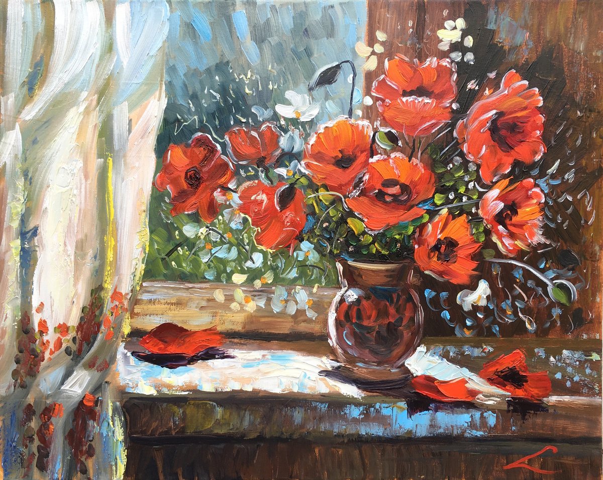 Impressionistic Botanical Oil Painting By Elena Sokolova, 20 X 16, Poppies At The Window, Original Artwork