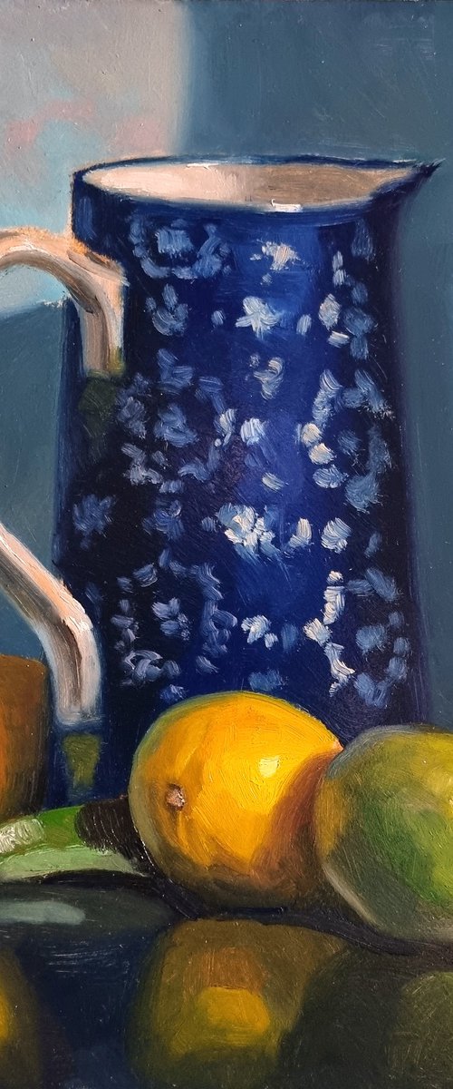 Lemons and Blue Pitcher by Pascal Giroud