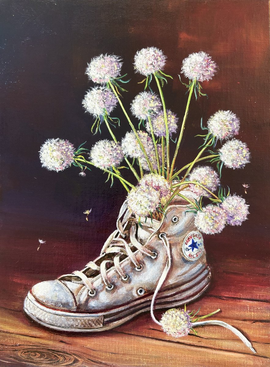 Photorealistic Still Life Acrylic Painting By Lena Smirnova, 13 X 17", Dandelion Bouquet, Original Artwork