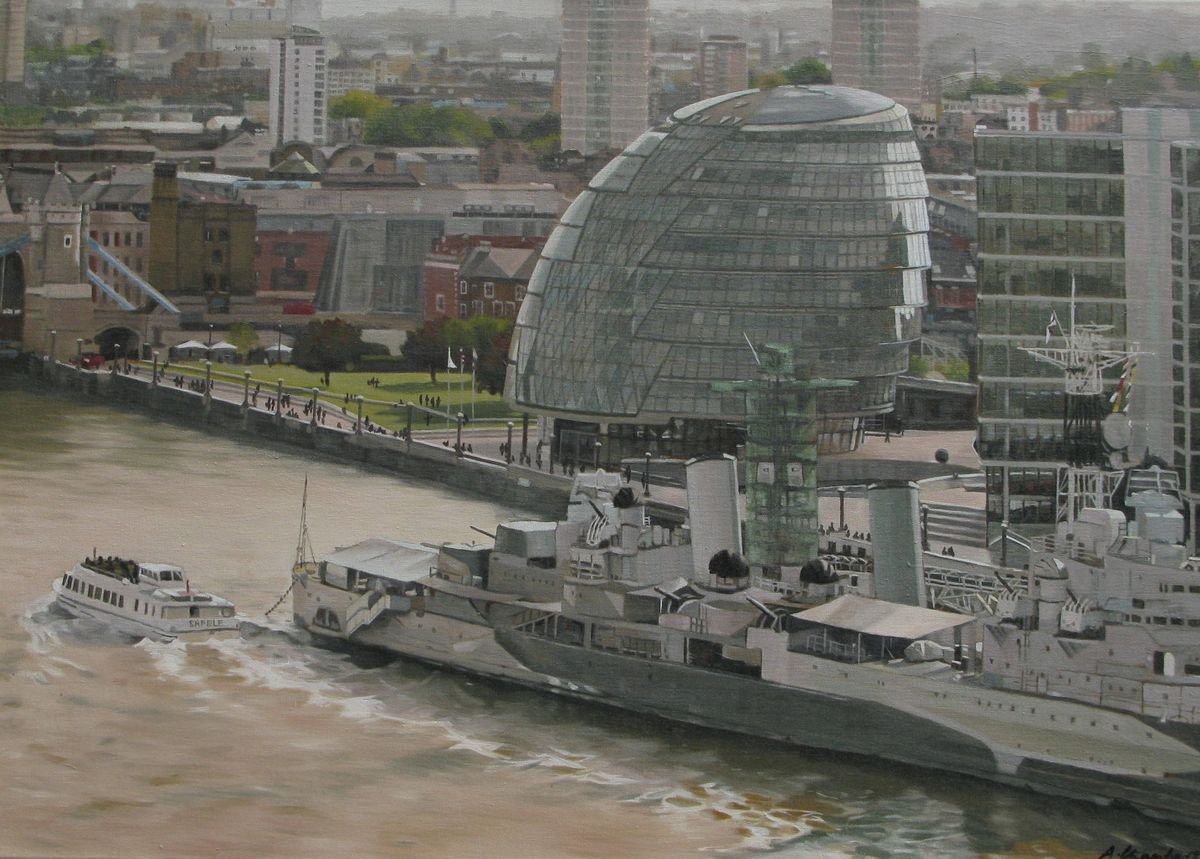 Oil Painting , Hms Belfast: Pool Of London By Alison Chambers, 35 X 25, Artwork For Sale On Artfinder
