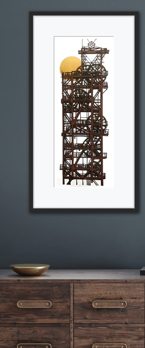Giant Headframe linocut print by Ieuan Edwards