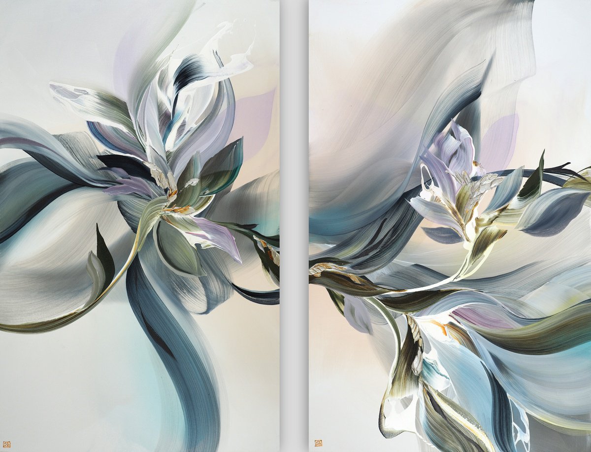 Abstract Acrylic Painting By Novi Lim, 62 X 48", Magnolia Drift Diptych, Original Artwork
