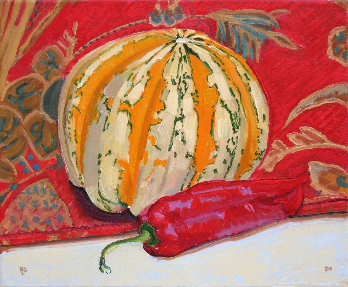 Still Life Oil Painting By Richard Gibson, 12 X 10", Squash And Chilli, Original Artwork