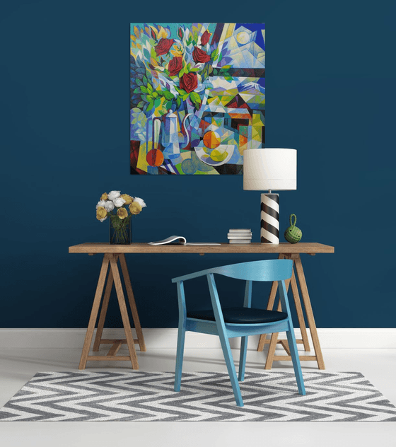 Still life with roses (80x90cm, cubism, oil painting, ready to hang)