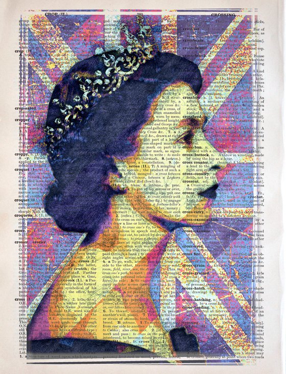 Queen Elizabeth II - The Union Jack 2 - Collage Art on Large Real English Dictionary Vintage Book Page