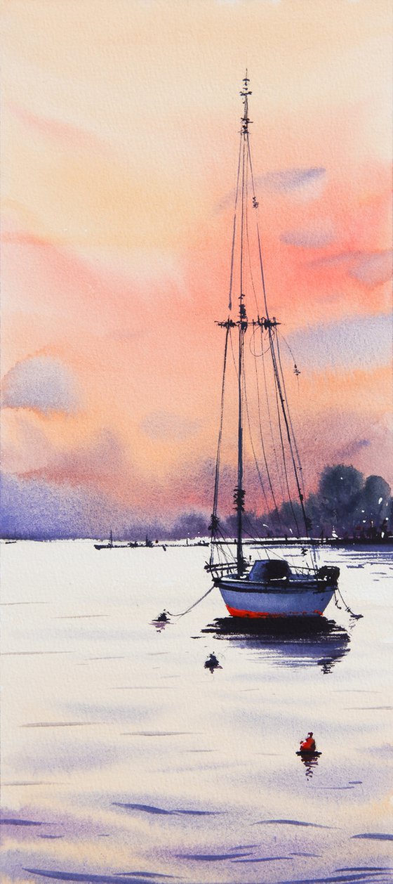 Sunset - Original watercolor on paper, sea, lake, seascape, boat.