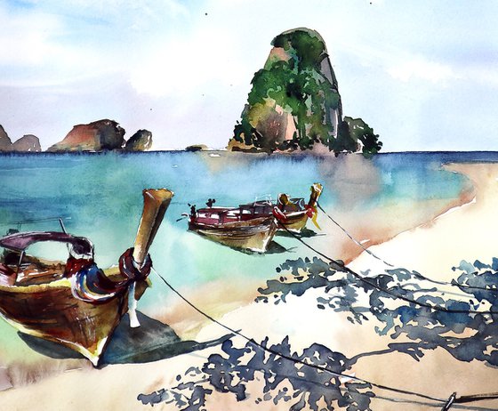 ORIGINAL Watercolor Painting of Thailand - Exotic Nature - Tropical Landscape - Ocean Palms