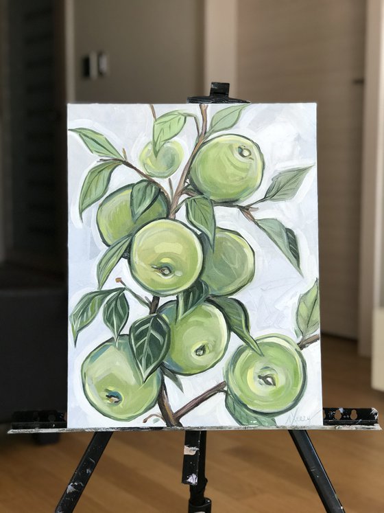 Green apple tree  still life oil painting on canvas 41x32