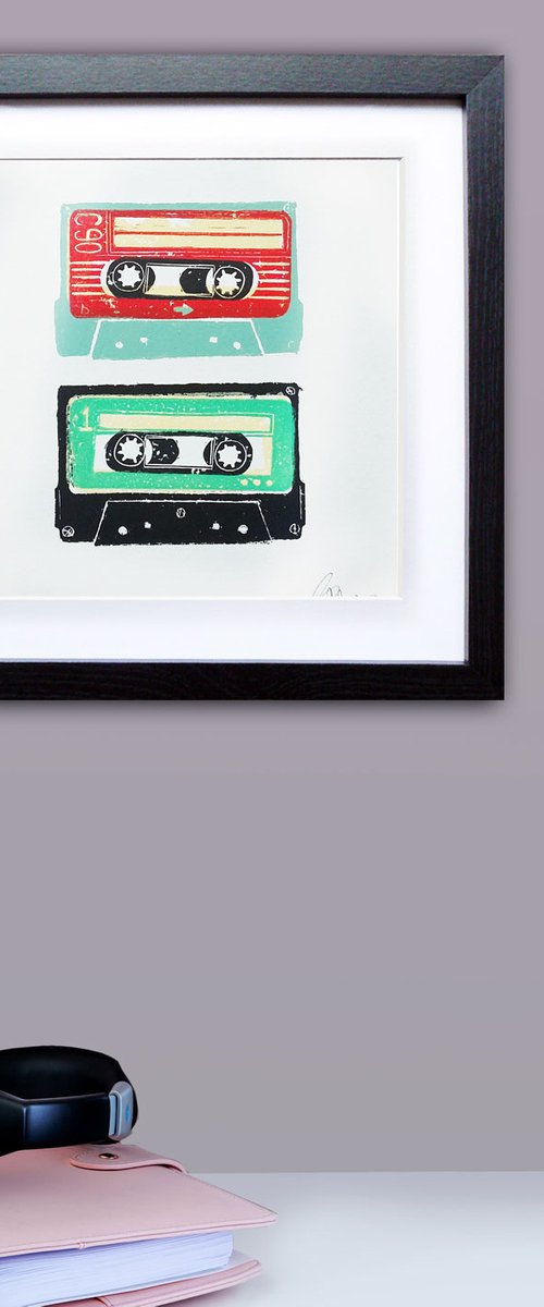 Linocut tapes duo #1 (cassette tapes, retro music, 70's, 80's rock culture) by Carolynne Coulson