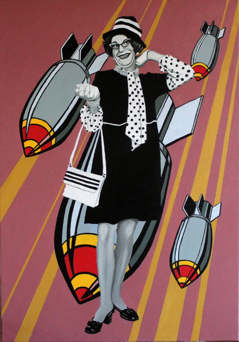 Urban And Pop Portrait Oil Painting By Mathew Halpin, 28 X 39", Dame Edna With Bombs, Original Artwork