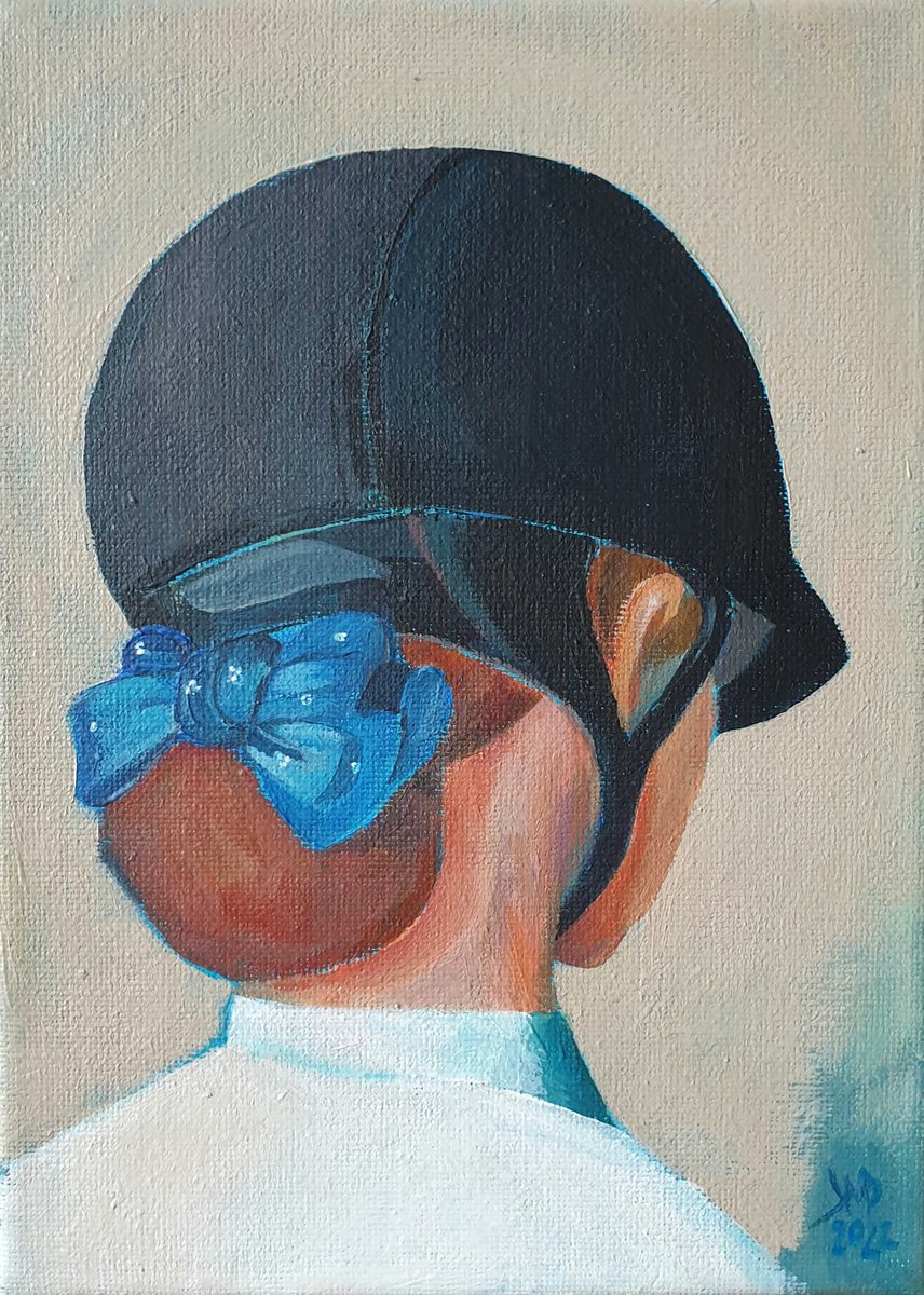 Expressive Portrait Acrylic Painting By Ksenia June, 6 X 8", Blue Ribbon Horse Rider, Original Artwork
