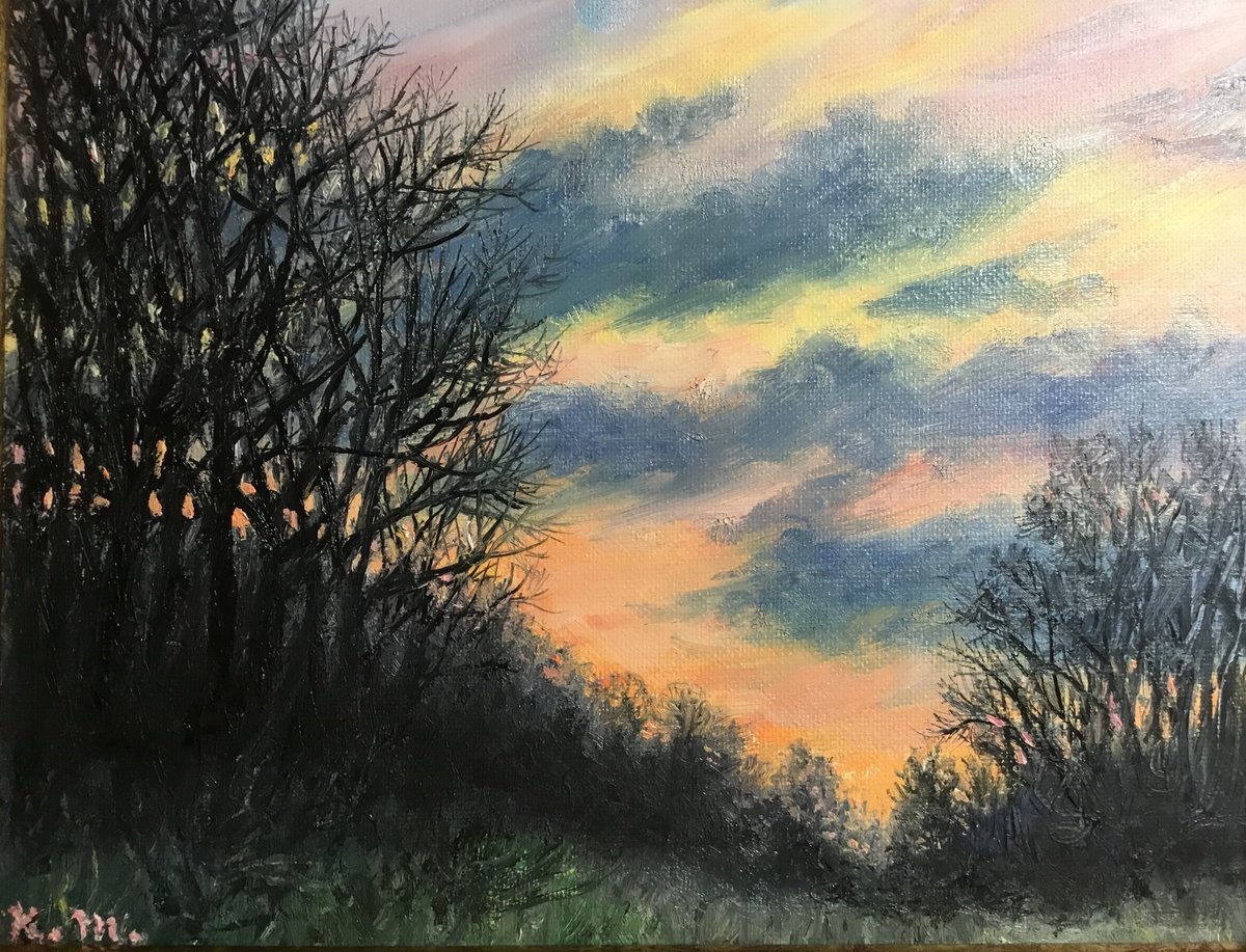 Impressionistic Landscape Oil Painting By Kathleen Mcdermott, 13 X 11", February Sundown # 2, Original Artwork