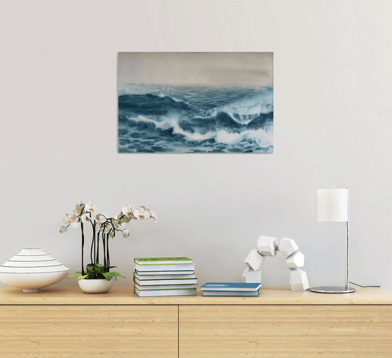 Restless Water, Watercolor wave painting.