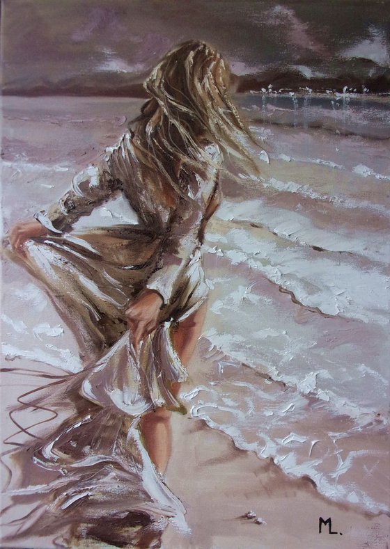 " DANCING WITH WAVES ... "- SKY SEA SAND liGHt  ORIGINAL OIL PAINTING, GIFT, PALETTE KNIFE