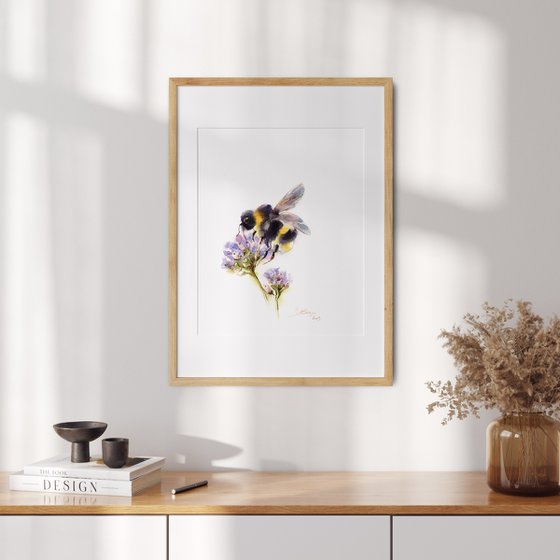 Bumblebee on Flowers Watercolor Painting