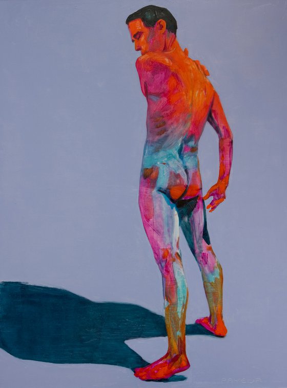 modern pop art portrait of a nude man on blue orange and red