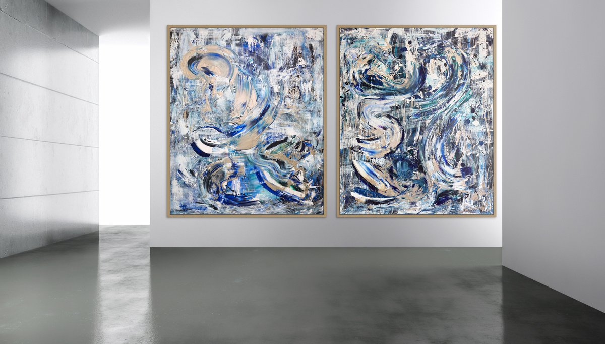 Gold And Blue Abstract Large Diptych - Peninsula by Annette Spinks