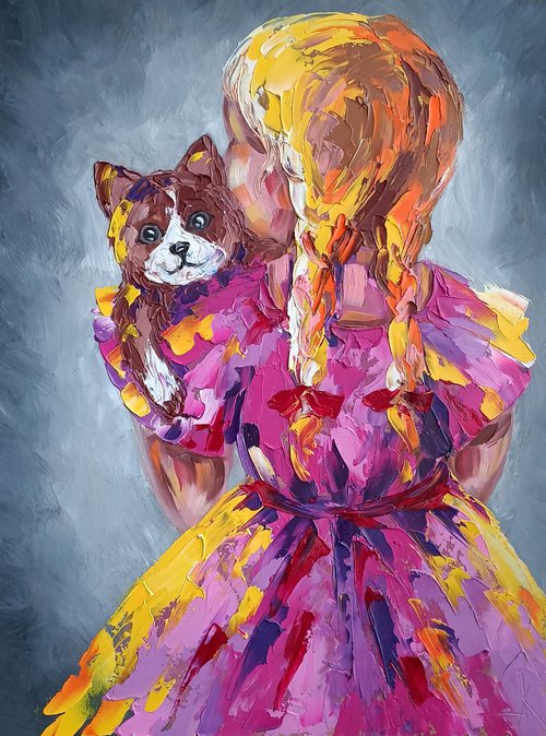Pink dress - little girl, childhood, child, oil painting, kids, girl, cat, for childs room, for kids, happy childhood, children by Anastasia Kozorez
