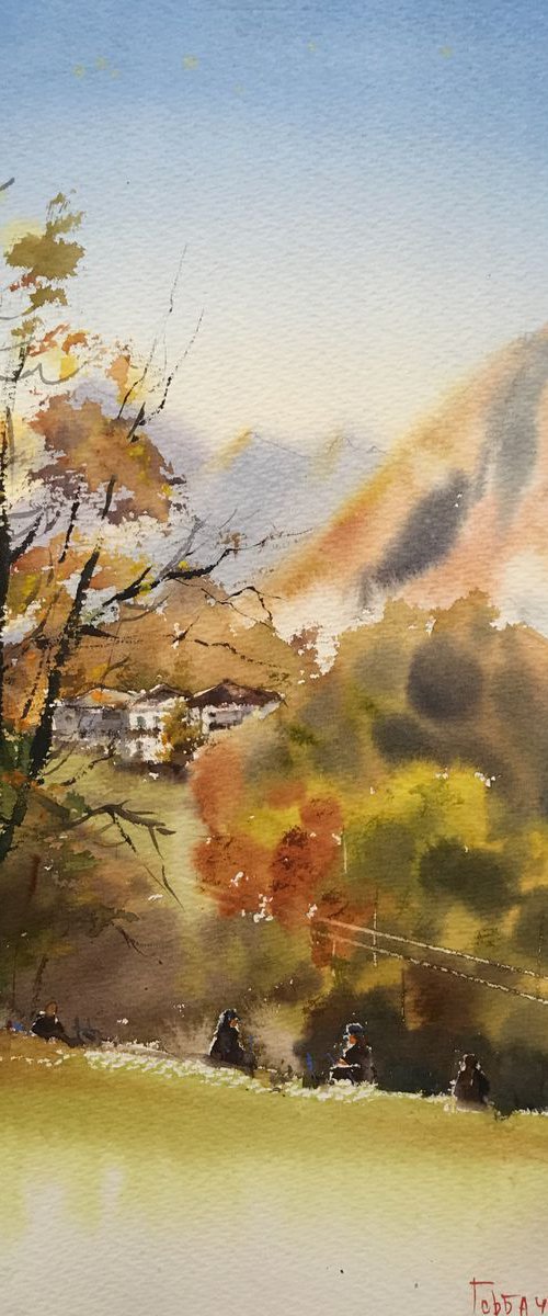 Autumn tree at the mountains by Eugenia Gorbacheva