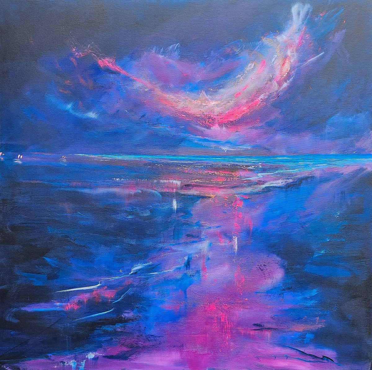 Expressive Landscape Acrylic Painting By Sophia Kuhn, 39 X 39", Luminous Ocean, Original Artwork