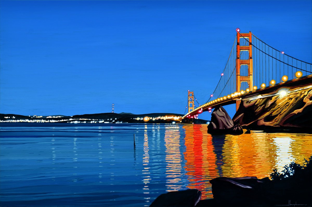 Impressionistic Landscape Acrylic Painting By Alex Nizovsky, 36 X 24, Golden Gate Bridge Nocturne #3, Original Artwork
