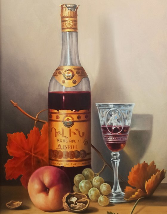Still life with cup of cognac-3  (40x60cm, oil painting, ready to hang)