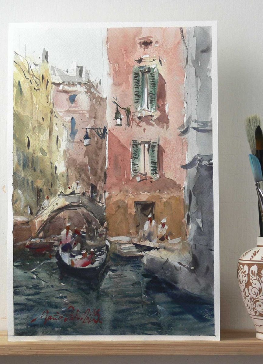 Impressionistic Cityscapes Watercolour By Marin Victor, 9 X 14", Venice, Urban Watercolor., Original Artwork