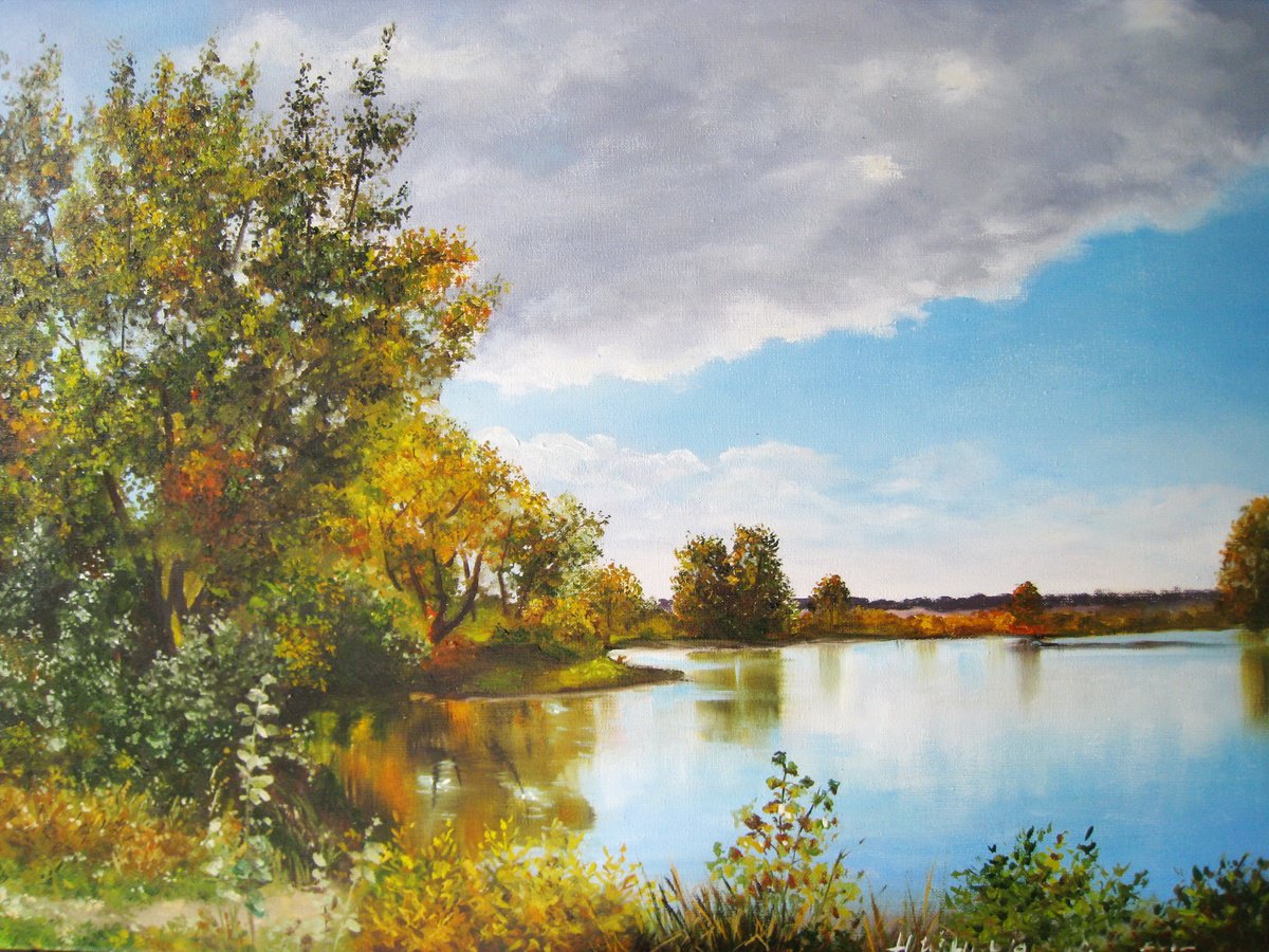 Impressionistic Landscape Oil Painting By Natalia Shaykina, 16 X 12", Autumn Riverside View, Original Artwork