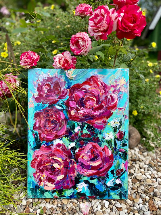 Roses - The burst of pink, 35*45cm, impressionistic flowers oil painting in pink and turquoise