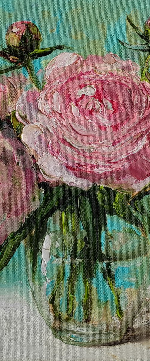 Pink and white peonies bouquet oil painting original still life 12x12" by Leyla Demir