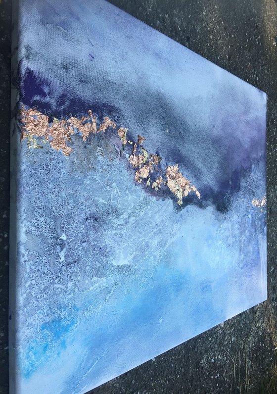 "Lost frequencies" abstract landscape atmospheric blue purple tones gold leaf