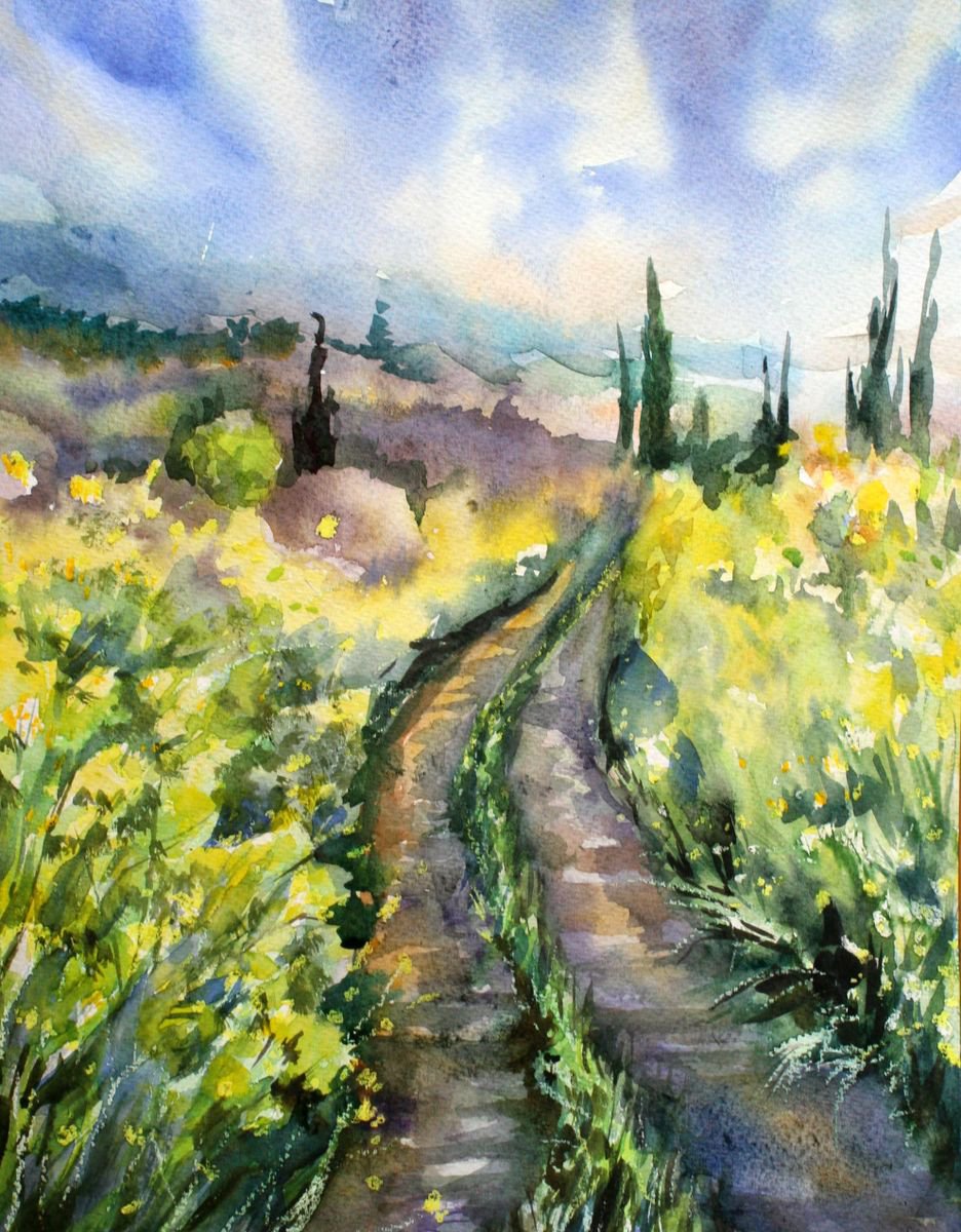 Landscape original watercolor painting Road in the field impressionist stile artwork flora... by Alina Shmygol