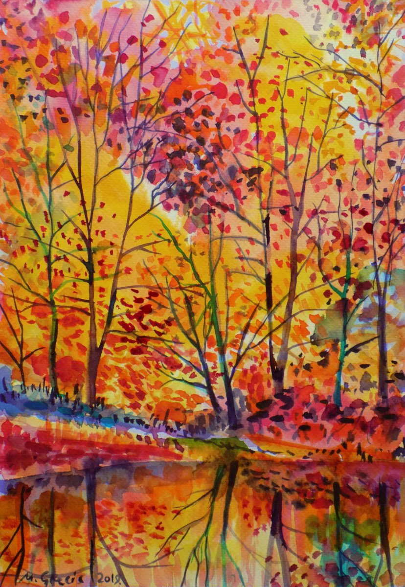 Impressionistic Watercolour , Autumn Forest Reflections By Maja Grecic, 10 X 13, Artwork For Sale On Artfinder