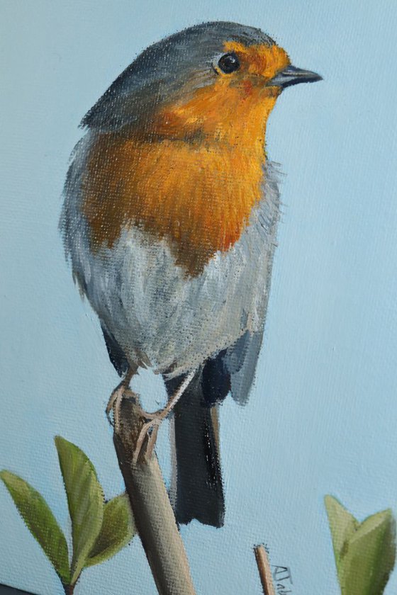 Robin in the Bushes Painting, Bird Artwork, Animal Art Framed