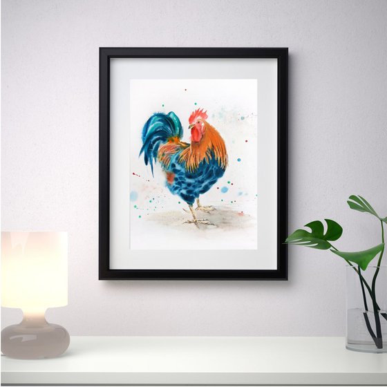 «The Boss» - rooster - country decor - farm art - bird art - rooster painting - farm decor - rooster watercolour