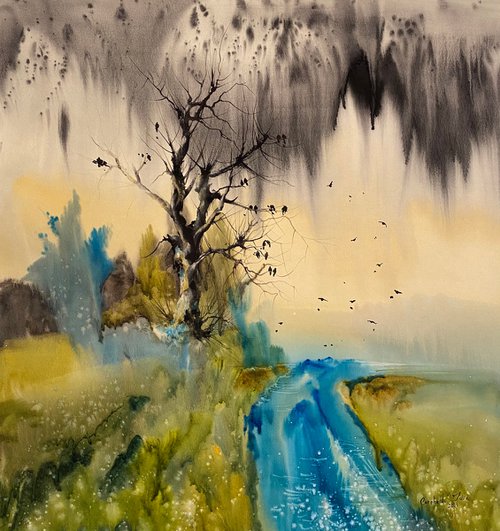 Watercolor “Crows Heaven. After rain” perfect gift by Iulia Carchelan