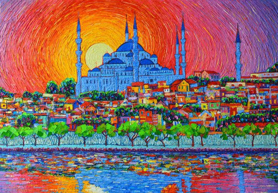 Fiery sunset over Blue Mosque in Istanbul Turkey