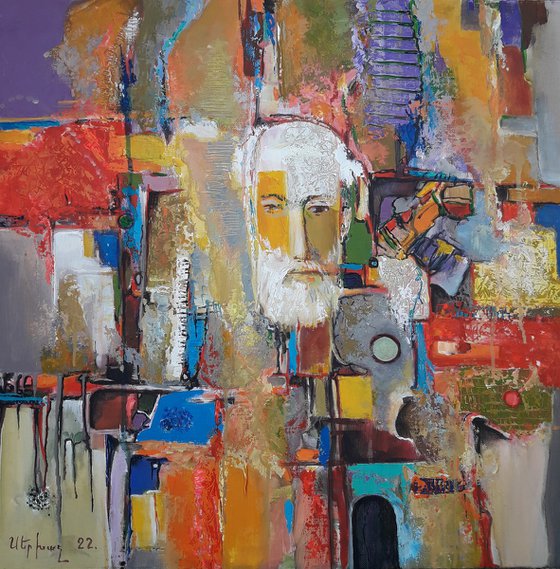 Abstract with self portrait (60x60cm, oil/canvas, ready to hang)