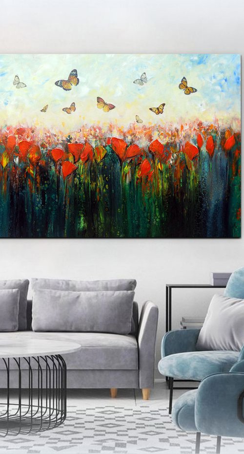 Welcome spring - Large abstract red flowers with butterflies, original artwork, abstract landscape by Areti Ampi