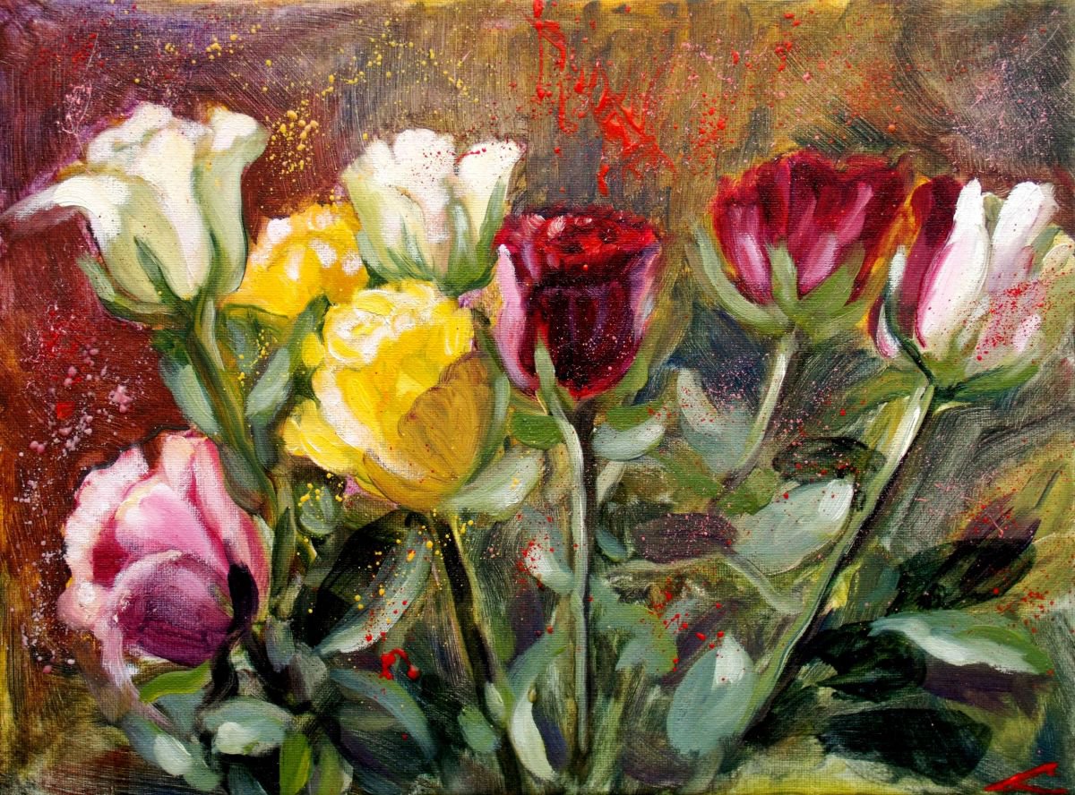 Impressionistic Botanical Oil Painting By Elena Sokolova, 16 X 12, Roses, Original Artwork