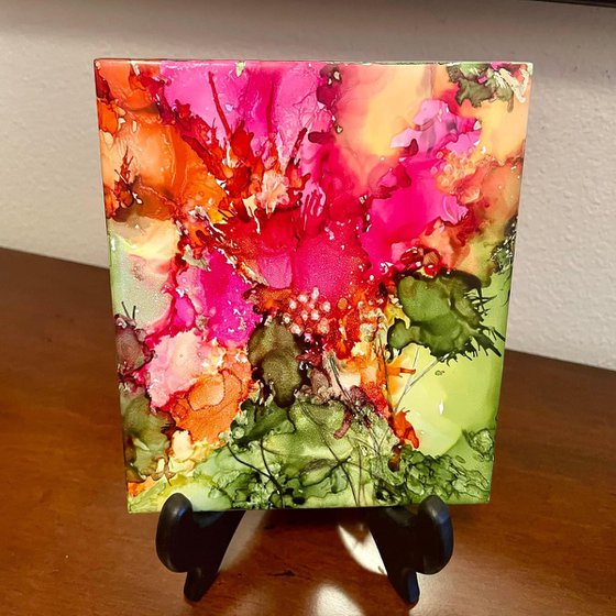 Pink & Orange Flowers Alcohol Ink on Ceramic Tile 6 X 6