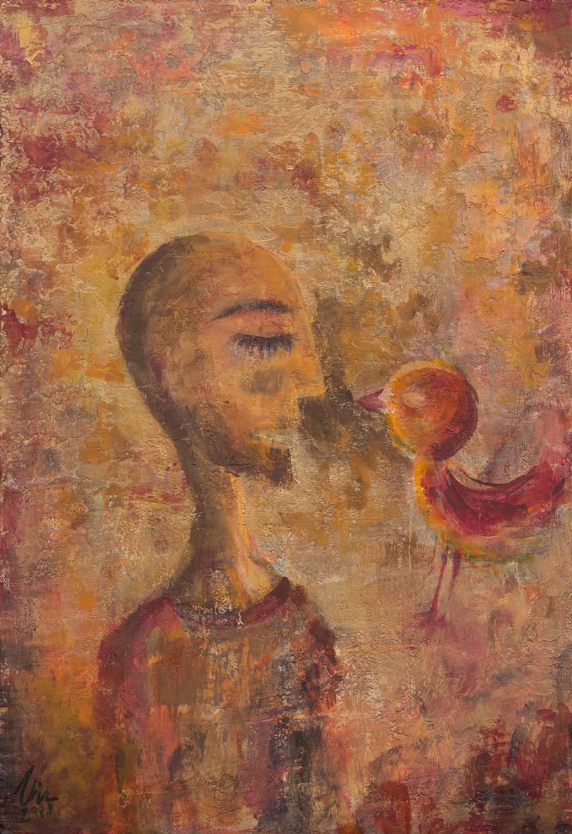 Naive Portrait Acrylic Painting By Peter Zelei, 13 X 20", Preaching Sermon To A Bird, Original Artwork