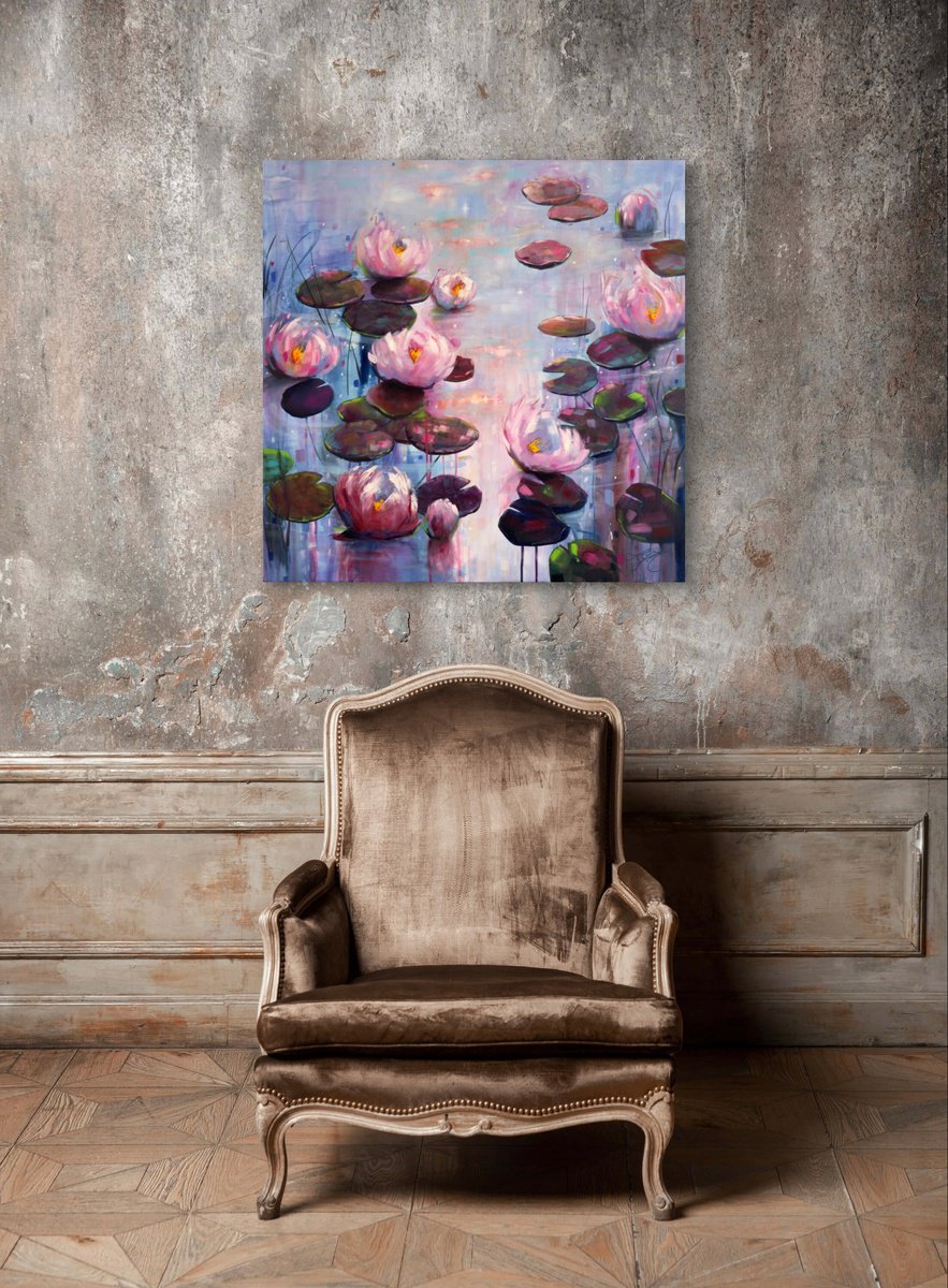 Impressionistic Botanical Oil Painting By Sandra Gebhardt-Hoepfner, 31 X 31", Lilies Dance 6, Original Artwork