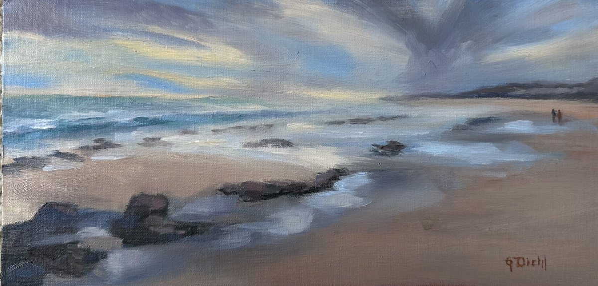 Impressionistic Landscape Oil Painting By Grace Diehl, 12 X 6, Sunset Stroll, Original Artwork