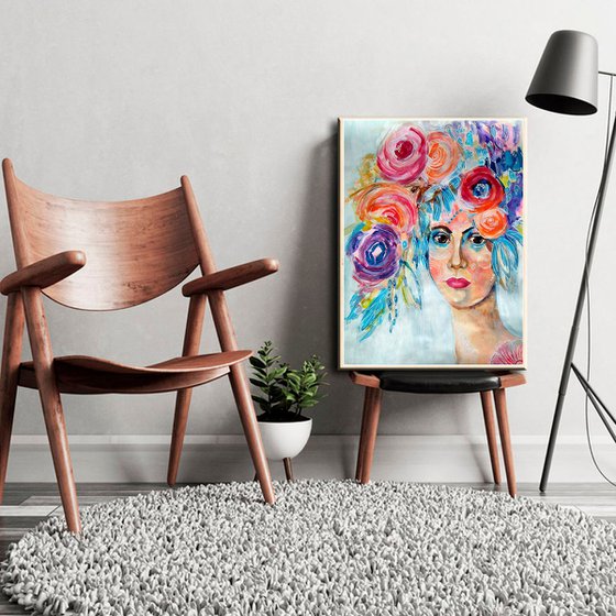 Flower Portrait 3, Floral Woman Portrait Floral Head Bouquet Painting Modern Wall Art