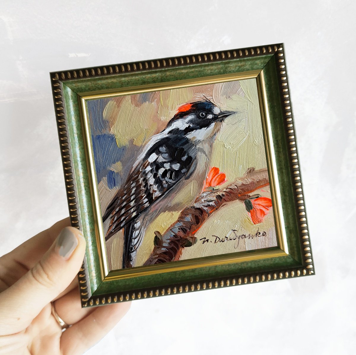Black white bird painting original wall art 4x4 inch, Woodpecker bird on branch animal art... by Nataly Derevyanko