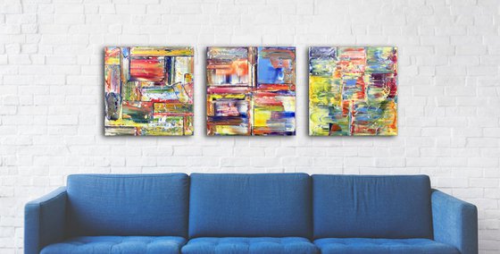 "Three's A Crowd" - FREE USA SHIPPING - Original Large PMS Abstract Triptych Oil Paintings On Canvas - 60" x 20"