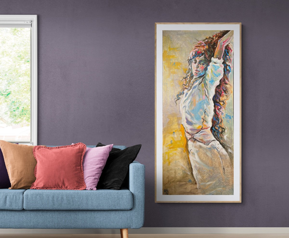 Expressive Portrait Acrylic Painting By Maria Kireev, 24 X 55", Dance Without Music, Original Artwork