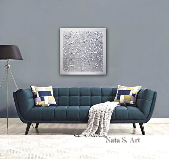 Spring Love - Silver Heavy Textured Acrylic Flowers Painting 61cm x 61cm